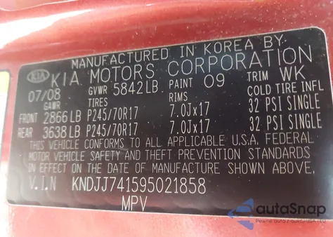 2009 Kia Borrego Ex V6 z USA, uszkodzony, nr VIN KNDJJ741595021858